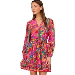 Adrianna Papell Women’s Size 14 Large Pink Tropical Print Shirt Dress